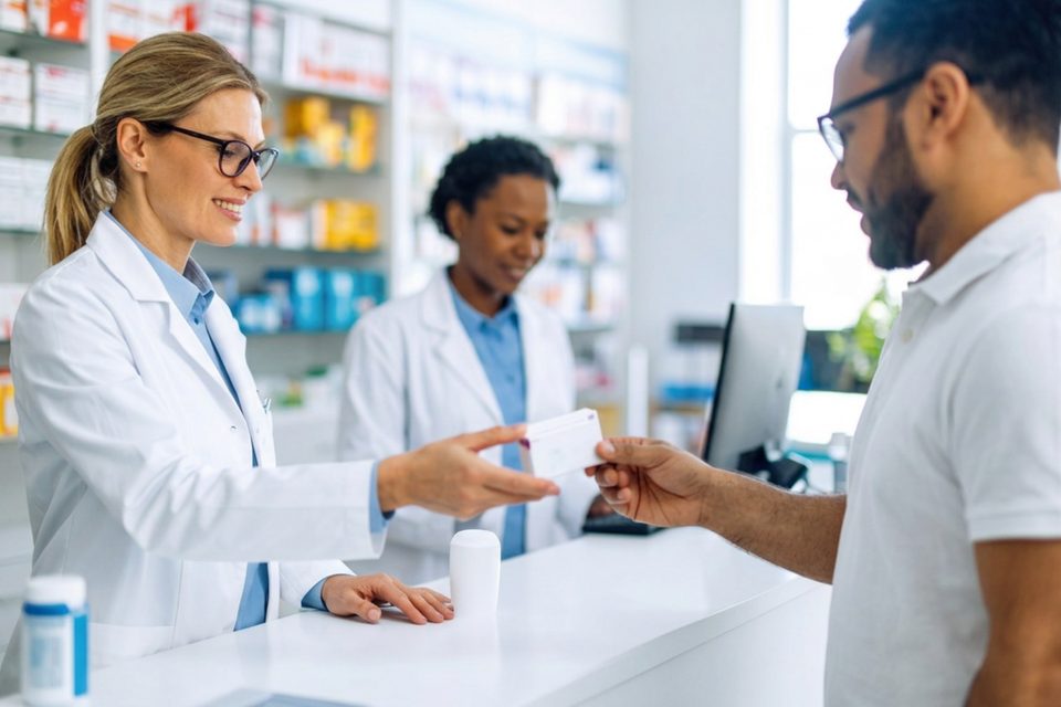 Picking up a prescription at the pharmacy counter